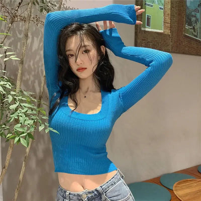 Woman Sweaters Slim-Fit U Collar Sweater Women's Spring Autumn Short Elastic Long-Sleeved Sweater Top