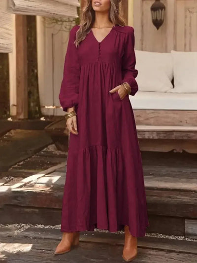 Vintage Cotton Linen Long Sleeve Dress Women Casual Autumn Maxi Robe V Neck Tiered Loose Vestido