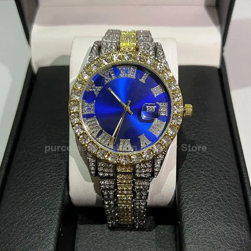 Personalized Hip Hop Watch with Shiny Rhinestones for Men, Luxury Clock, Band Length, Iced Steel Belt, 40mm Diameter Glass Dial