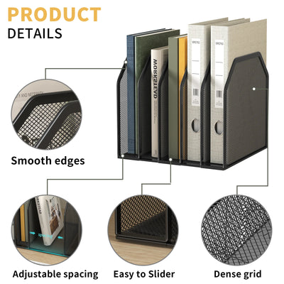 Desk File Organizer 5 Sections Upright Mesh Desktop Organizer File Sorter Office Organization File Holder for Home, Office
