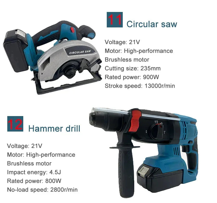 15-Piece Combo Power Tools Set Brushless Cordless Drill & Electric Hammer Drill Angle Grinder Includes Hard Case