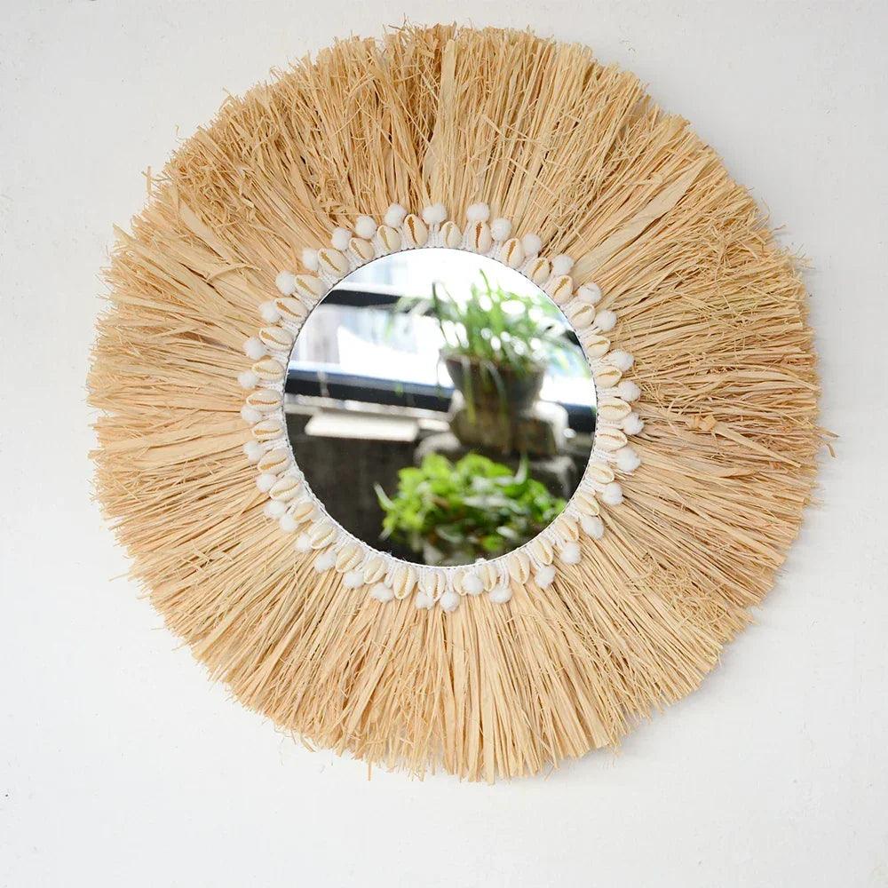 Home decor hanging mirror raffia wood beads acrylic multifunct decorative decorations bedroom wall room
