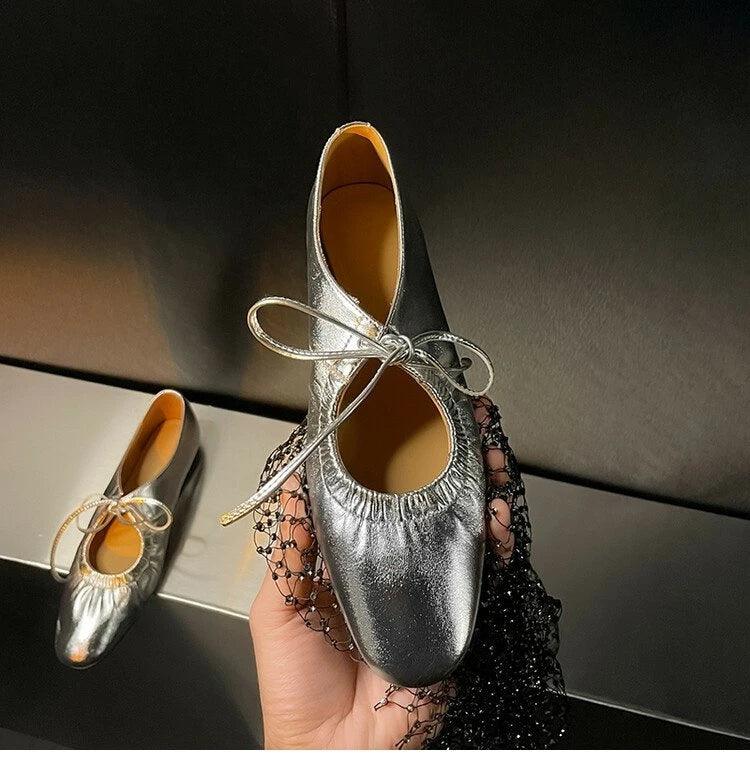 Women ballet leather narrow band flat shoes bling silver gold footwear