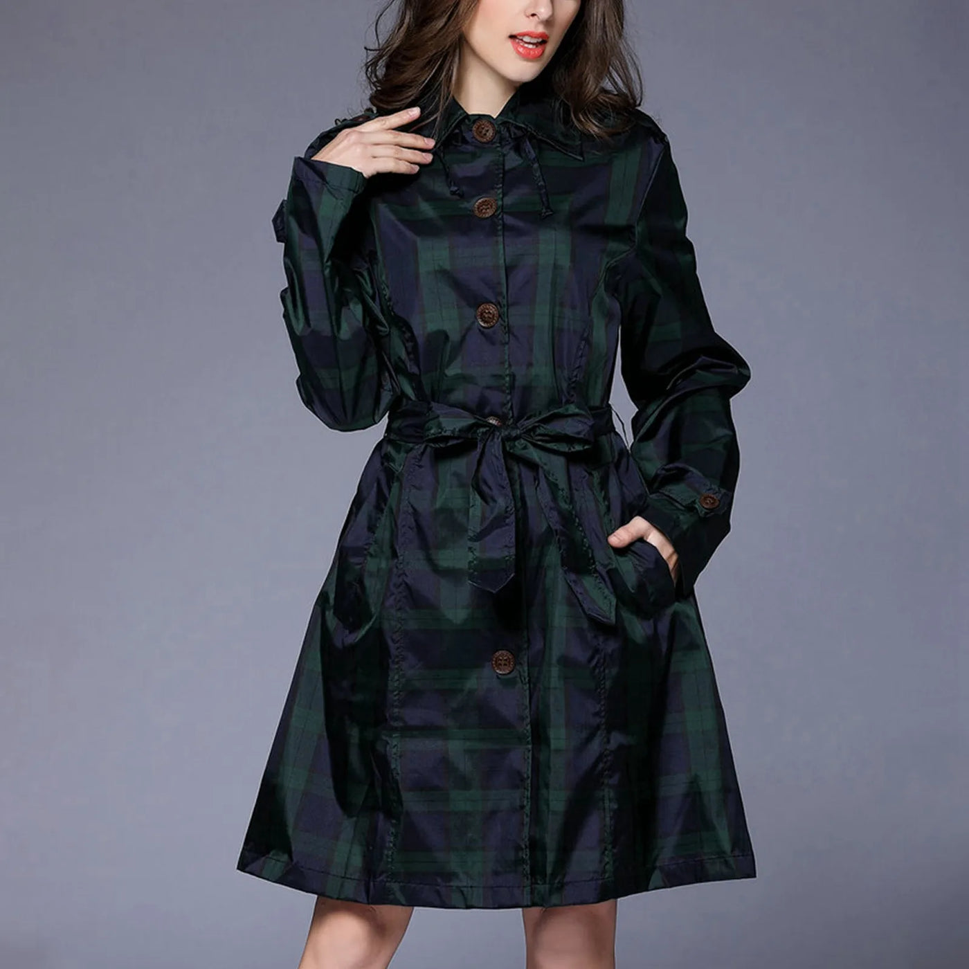 Women'S Checkered Waistband Hooded Overcoat Lightweight Breathable Fashionable Trench Raincoat Harajuku Y2k Streetwear Jacket