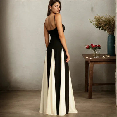 Sexy Sleeveless Women's Slip Dresses Elegant Contrast Color Spaghetti Straps Backless Long Dress Fashion Luxury Party Vestidos