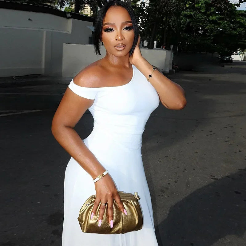 Women Sexy Dresses Summer 2025 Solid Color Sexy Slant Collar Midi Irregular Evening Dress Luxury Elegant Splicing Dress Vestidos