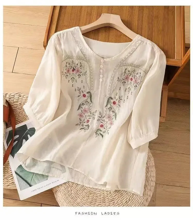 Linen V-neck EmbroideryTop For Women