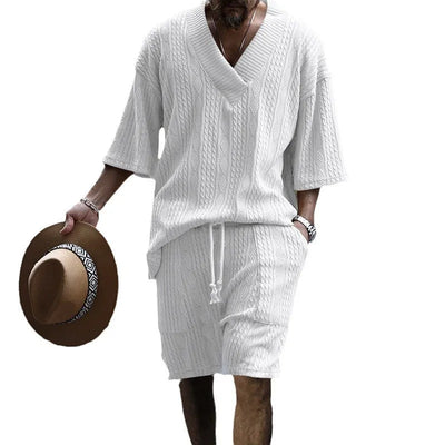 New cross-border jacquard casual suit men's summer loose short-sleeved shorts V-neck sports suit