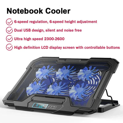 Gaming Laptop Cooler Large Size For 12-18'' Led Screen Laptop Cooling Pad 2300-2600 RPM 6 Fans 2 USB Ports Notebook Cooler Stand