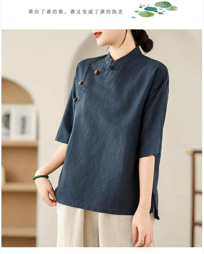 Women's Retro Linen Short-Sleeved Top