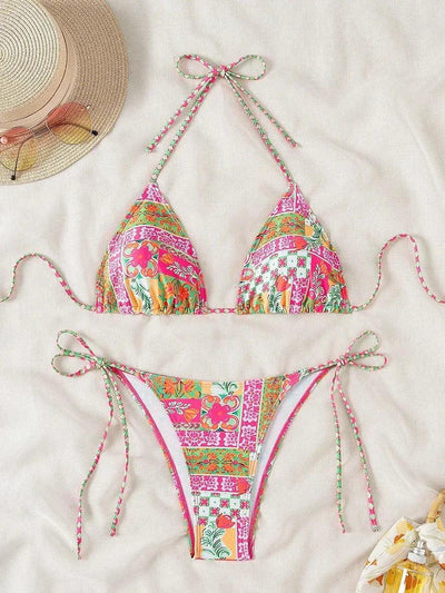 Swimsuit 2025 Female Micro Bikini Women Swimwear Summer Beachwear Women's Bathing Suit Floral Print Neck Halter Thong Bikini Set