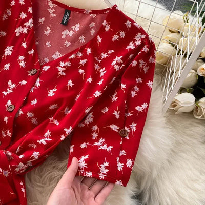 Korean Red elegant sexy Dress women Summer Autumn V-neck polka dot midi dress waist split dress vestidos de fiesta clothes