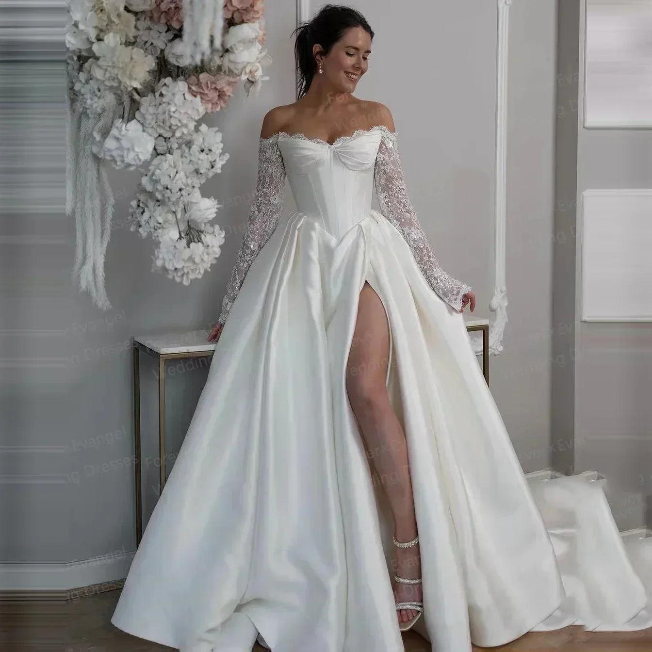 Glitter wedding dresses a line woman’s sequinned off shoulder bride gown