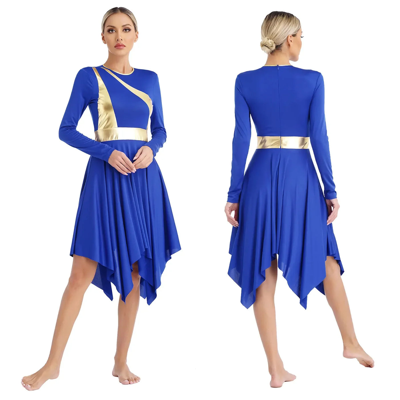 Women Church Choir Worship Liturgical Dress Modern Lyrical Dance Waltz Stage Performance Costume Long Sleeve Metallic Shiny Gown