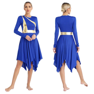 Women Church Choir Worship Liturgical Dress Modern Lyrical Dance Waltz Stage Performance Costume Long Sleeve Metallic Shiny Gown