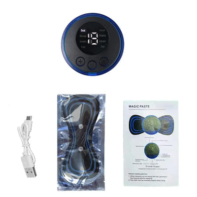 Blue and black massage gun with digital display and USB cable for body brand relief