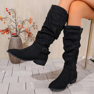 Women Knee High Boots Autumn Winter Female Shoes Fashion Female Slip-on Folds Low Heel Pointed Toe Long Boots Botas De Mujer 983