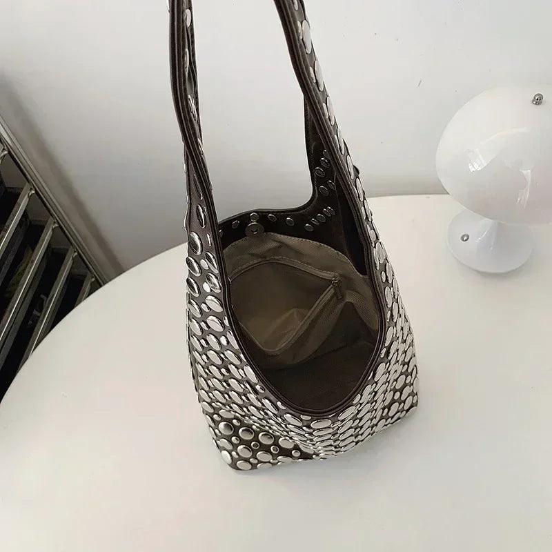 Designer geometric shoulder bag for women top brand handbag luxury shiny rivet handmade evening clutch fashion party