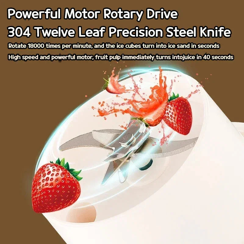 Portable Electric Blender Cup for Smoothies, Shaved Ice, and Juices - 12-Blade Stainless Steel with Wireless Charging Function