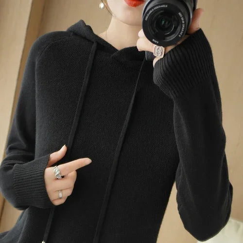 Women Sweater Autumn Winter Thick Warm Long Sleeve Casual Loose Jumpers Hooded Knitted Pullovers Solid Fashion Korean Sweaters