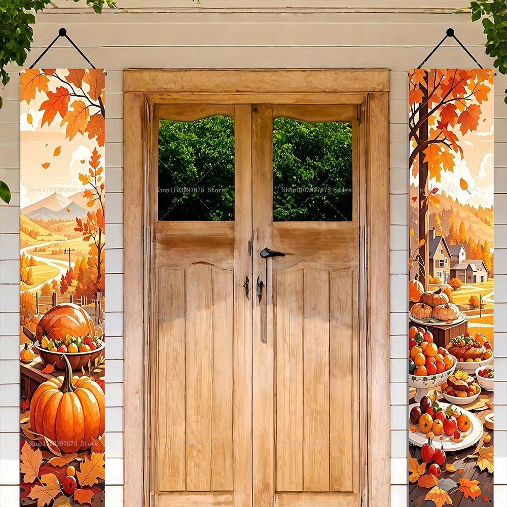 2D Thanksgiving Banners Maple Leaf Pumpkins Decorations Couplets Porch Sign Indoor Outdoor Wall Hanging Banners Party Supplies