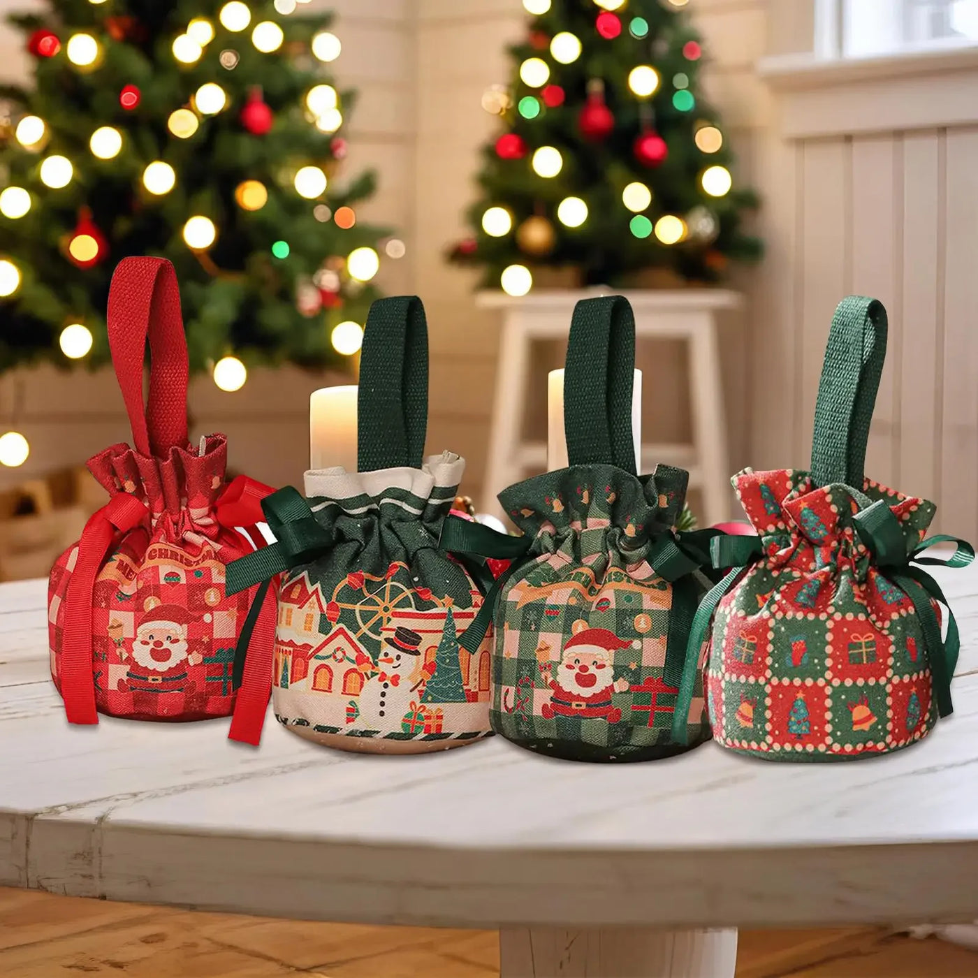Christmas Gift Bag Candy Bags With Drawstrings Bow Cartoon Candy Packaging Box Party Supplies Linen Storage Bag Christmas decor
