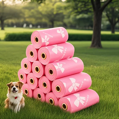 Thick & Durable Pet Poop Bags with Pink Bows - Leakproof Dog & Cat Waste Bags for Outdoor Walks, Multiple Sizes for Puppies