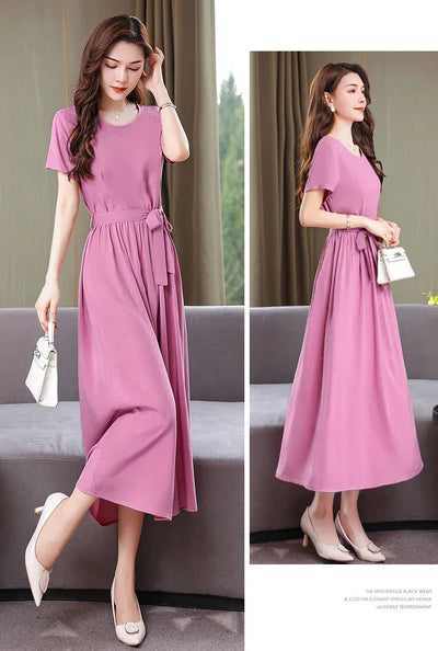 New Fashion Summer Dresses For Women 2025 Elegant Casual Short Sleeve Midi Dress Soild Colour Women Clothing