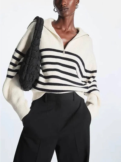 Oversize Fashion Women Sweaters 2025 Zip Thick Fall Loose Knit Jumper Turtleneck Turn-down Collar Casual Women's Striped Sweater