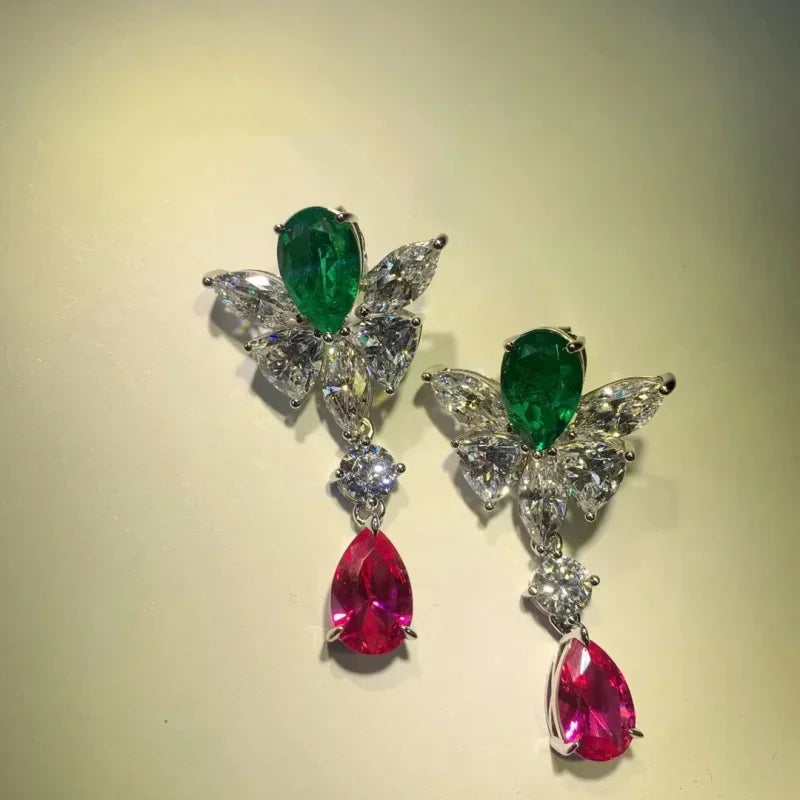 Bellux Fine Jewelry Unique Design Colored Diamond 925 Silver Thick Plated True Gold Women's Waterdrop Earrings