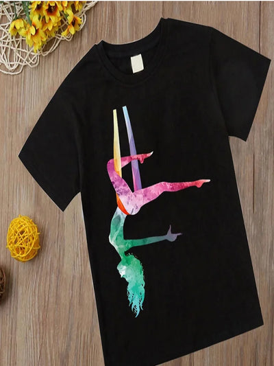 Watercolor Gymnastics Girl Printed Cute Children's T-shirt Children's Black T-shirt Exercise Enthusiast Birthday Gift
