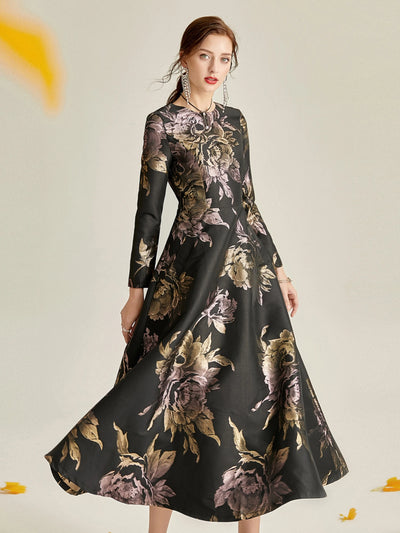 Luxury Women Long Maxi Jacquard Dress Spring Autumn Boho Floral Fashion Clothing Ladies Party Evening Ball Gown