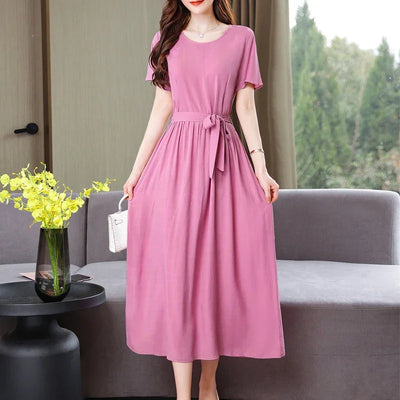 New Fashion Summer Dresses For Women 2025 Elegant Casual Short Sleeve Midi Dress Soild Colour Women Clothing