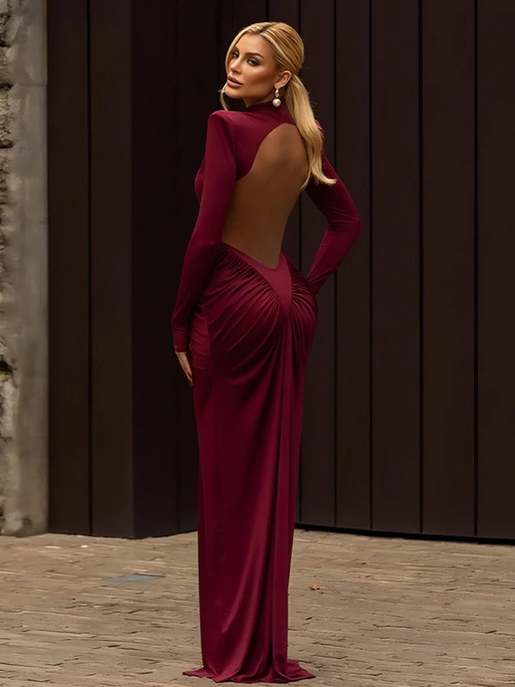 Womens Elegant Turtleneck Ruched Backless Party Dress 2025 Lady Long Sleeve Tunics Folds Long Maxi Formal Gown Evening Dresses