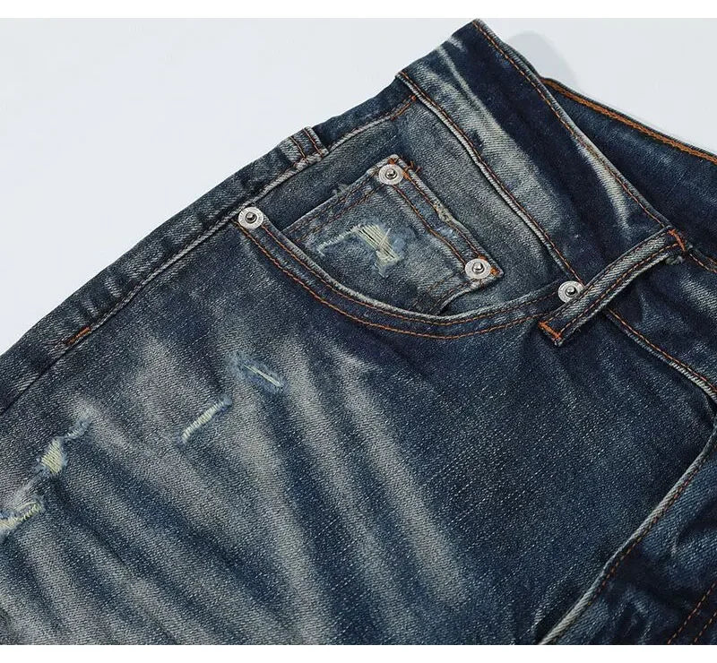 Fashionable new men's jeans with pleated elastic slim fit, retro washed blue jeans, high street designer hip-hop brand pants, ho