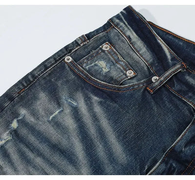 Fashionable new men's jeans with pleated elastic slim fit, retro washed blue jeans, high street designer hip-hop brand pants, ho