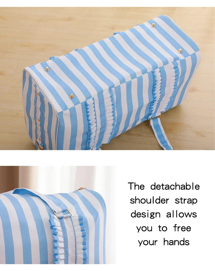 Nylon Duffel Bag Women Ruffle Duffle Gingham Weekend Sports Overnight Travel Vacation Gift Stripe Detachable Adjustable Strap