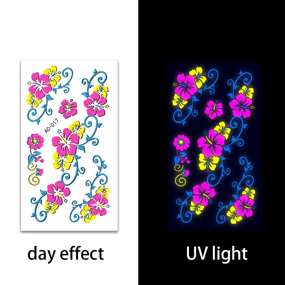 Temporary Fluorescent Tattoos Flower Feather Animals Pattern Body Arm Leg Face Stickers Night Bar Party Music Festival