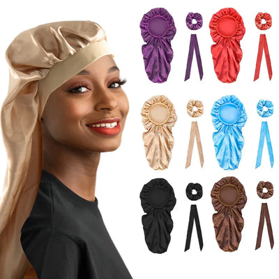 3pcs Long Bonnet Set Long Bonnet Satin Bonnet Silk Bonnet Extra Large Bonnets Silk Hair Bonnet long streamer nightcap