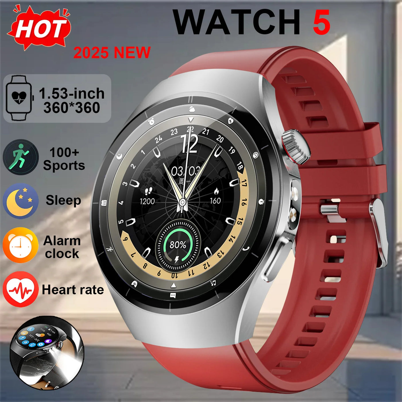 Smart Watch5 1.53-inch HD Display LED Lighting IP68 Waterproof Music Playback Weather Health Assistant AI Voice 100+ Sports Mode