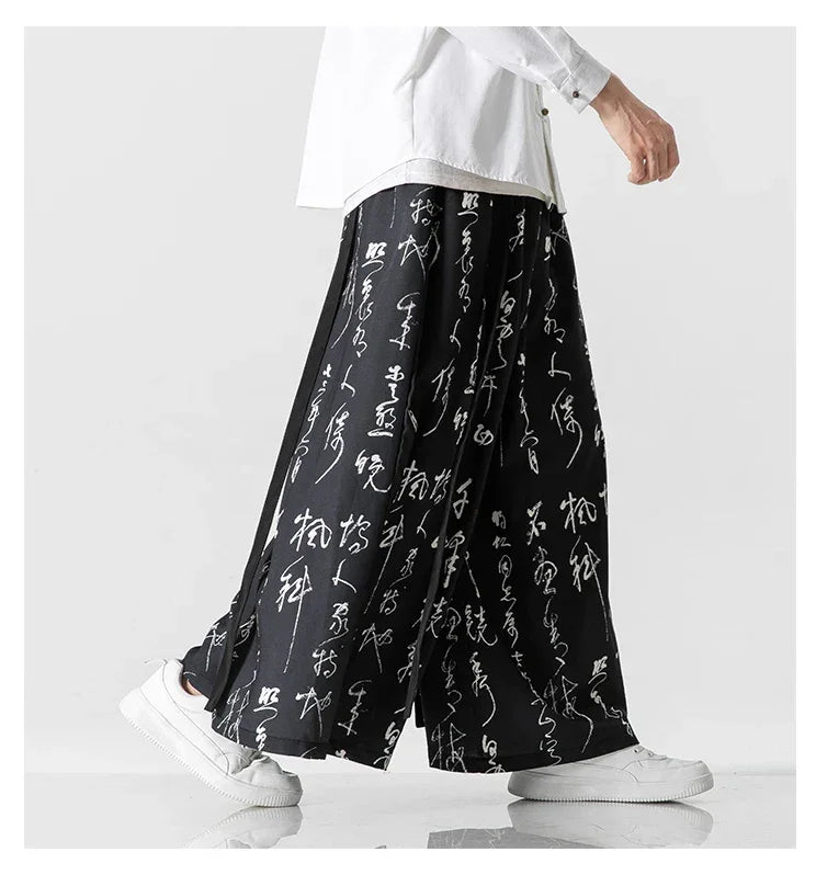 Wide Leg Pants Men's Ukiyo-e Print Elastic Waist Loose Trousers Mens Streetwear Japan Samurai  Casual Joggers Vintage Long Pants