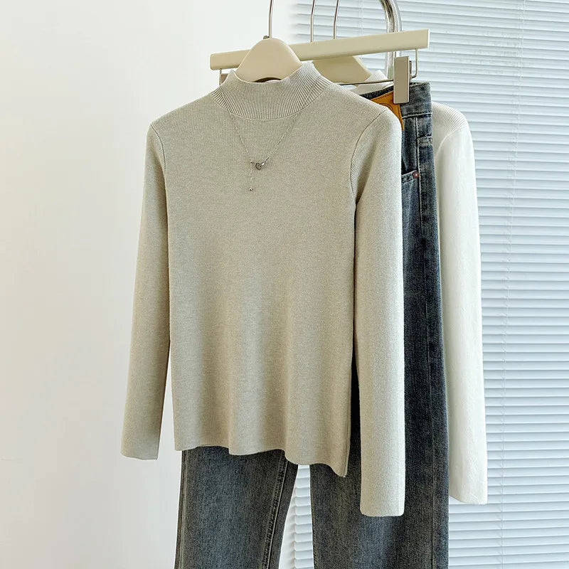 Sweaters Autumn Women Mock Neck Ruffles Sweater Long Sleeve Knitted Bottoming Solid Pullovers Jumpers Casual Sweater Winter