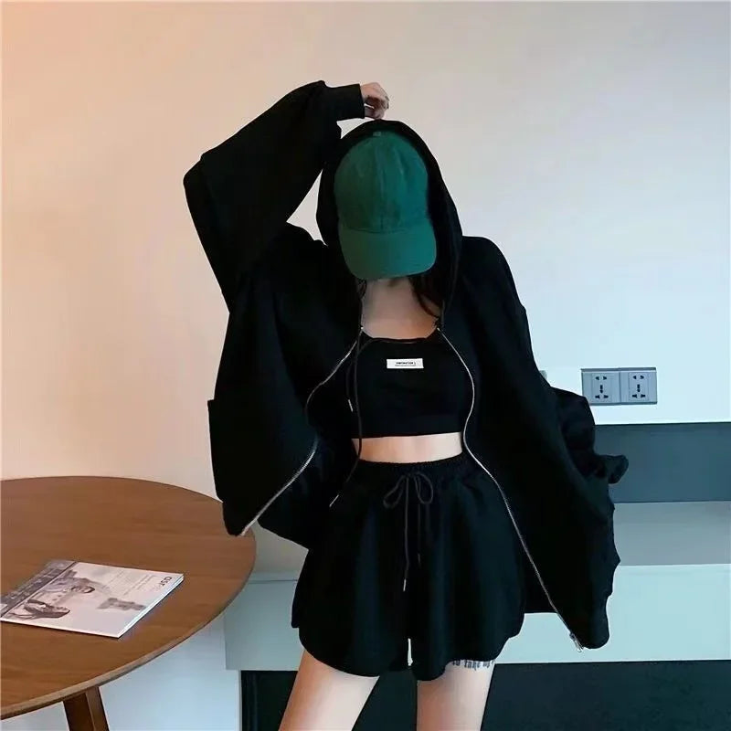 Shorts Three 3 Piece Sets Women Casual Vest Drawstring Short Hooded Zipper Jacket Sportswear Suits Y2k Streetwear Sports Hoodies