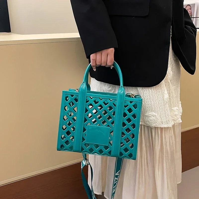 Designer Tote Bag For Women Brand Hollow Out Shoulder Bag 2025 New Travel Beach Handbag Purple Bag Fashion Shopper Purse