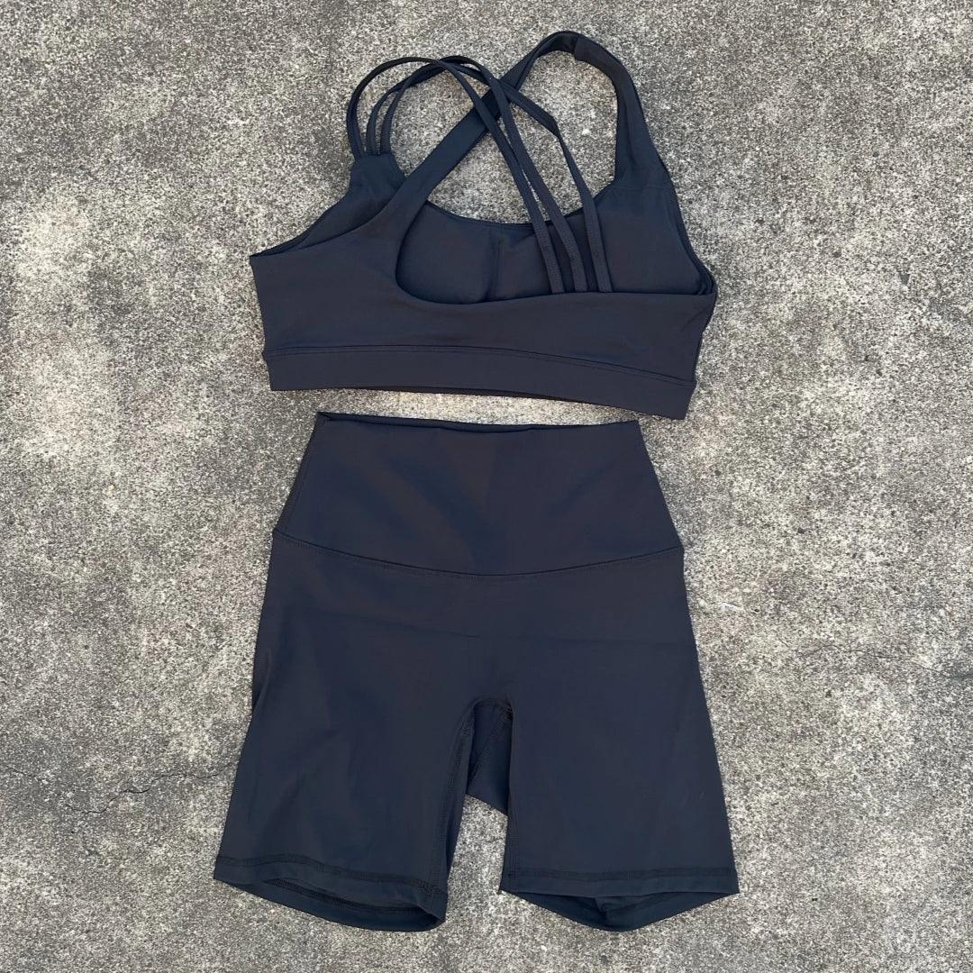 Solid Color Soft Tight Women Gym Yoga Short Legging Cycling Set High Impact Cross Back Shoulder Strap Fitness Sports Bra Workout