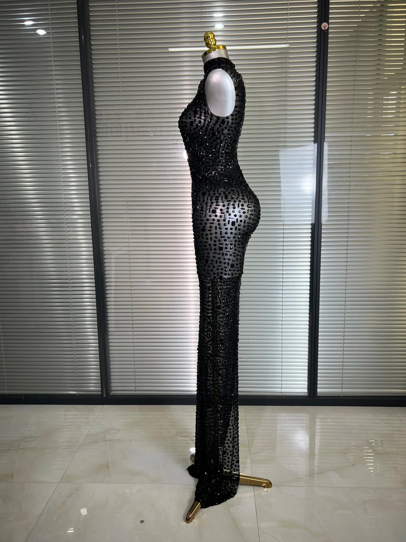 Women Sexy Mesh Crystal Diamonds Black Maxi Dress See Through Party Singer Stage Performance Costume