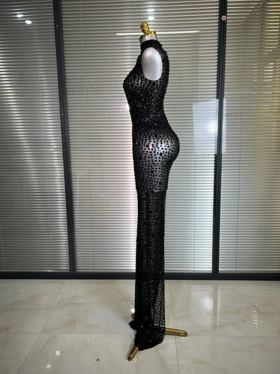 Women Sexy Mesh Crystal Diamonds Black Maxi Dress See Through Party Singer Stage Performance Costume