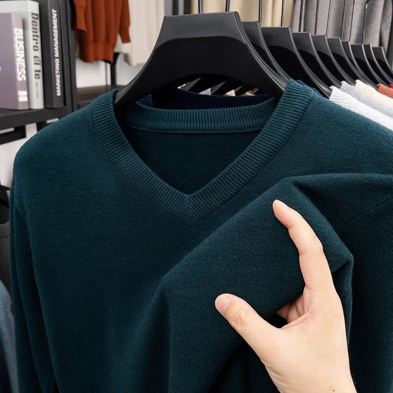 New Sweatwear Men's V Neck Basic Solid Color Sweaters Round Neck Elastic Pullovers Warm Autumn Knitted Oversized Sweater Men