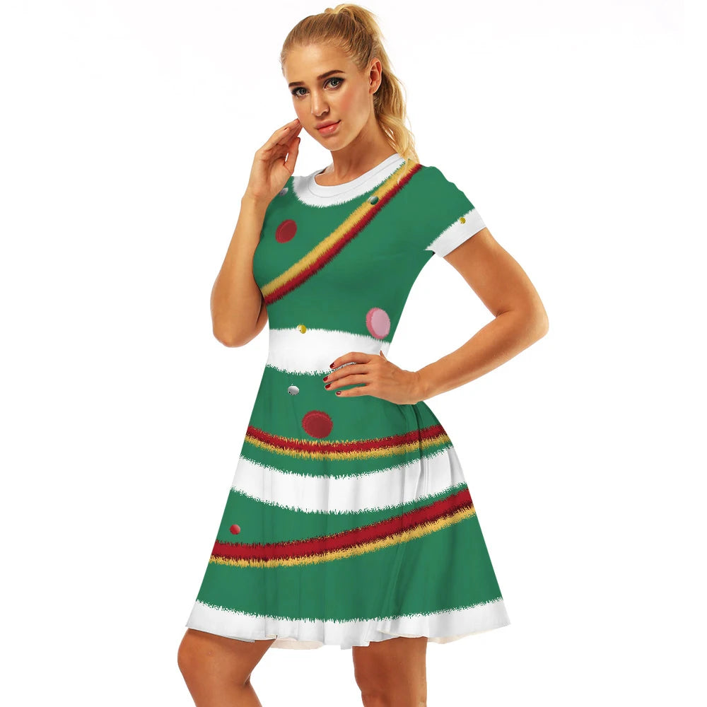 Merry Christmas Women Dress Graphics Stripe Christmas Elf Printed Dress Disguise Adult Xmas Cosplay Costume Holiday Party Wear