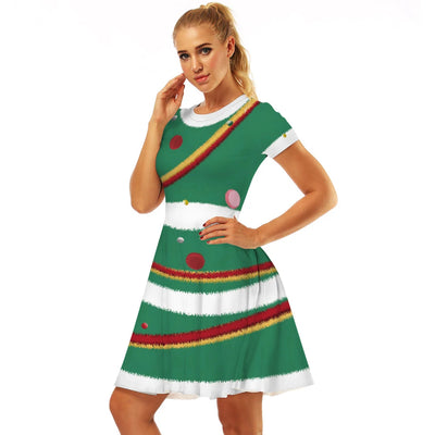Merry Christmas Women Dress Graphics Stripe Christmas Elf Printed Dress Disguise Adult Xmas Cosplay Costume Holiday Party Wear